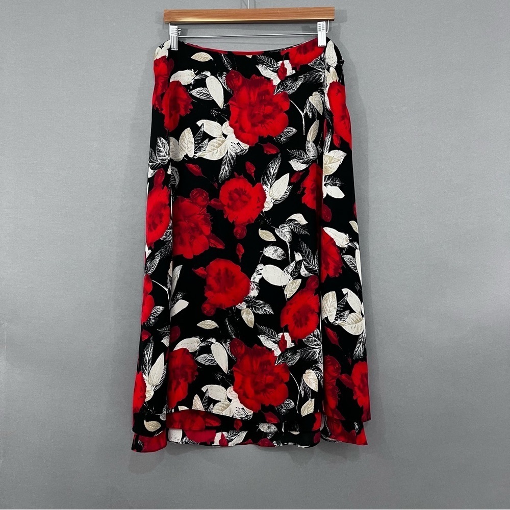 Rena Rowan Silk Red Black Floral Print Lined Midi Skirt